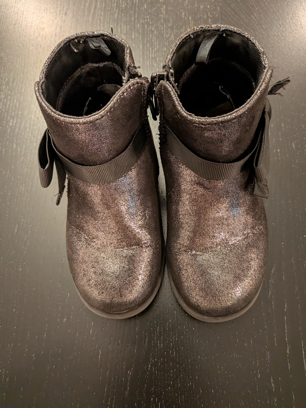 Metallic Black Girl's Ankle Boot with Side Bow